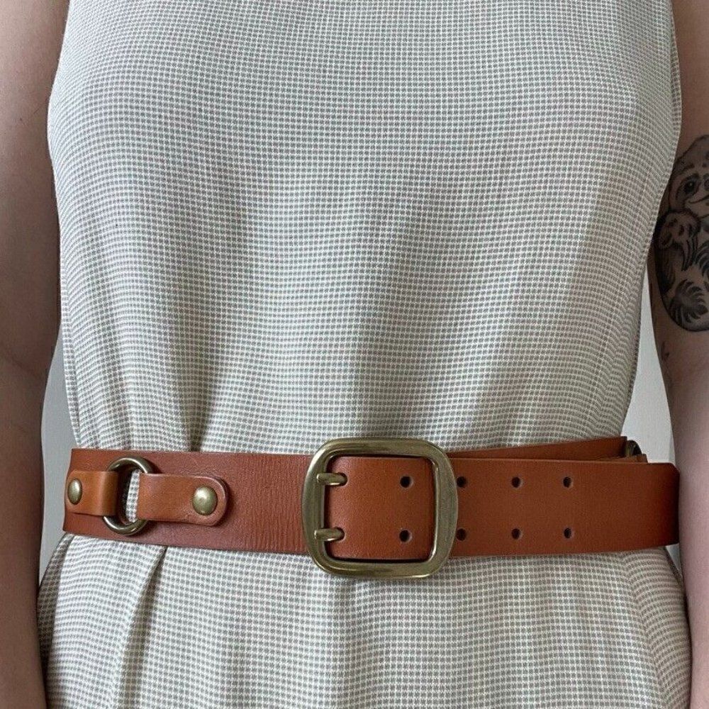 Womens Brown Leather Brass Buckle Minimalist Hippie Modern Equestrian Belt Sz L